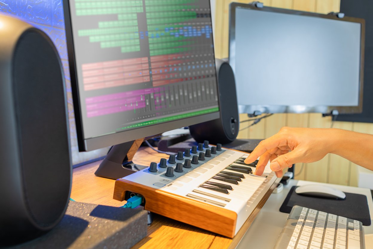 male songwriter hand playing keyboard for recording midi track on computer. music production concept